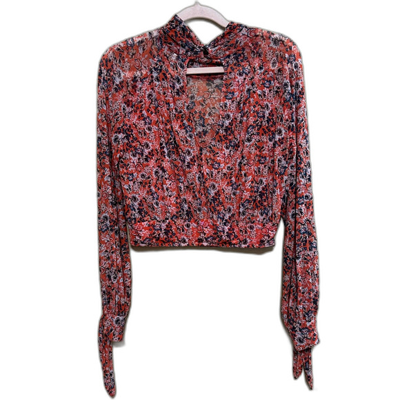 Free People All Dolled Up Top Womens Medium Red Floral Mesh Sheer High Neck Boho - Picture 2 of 10